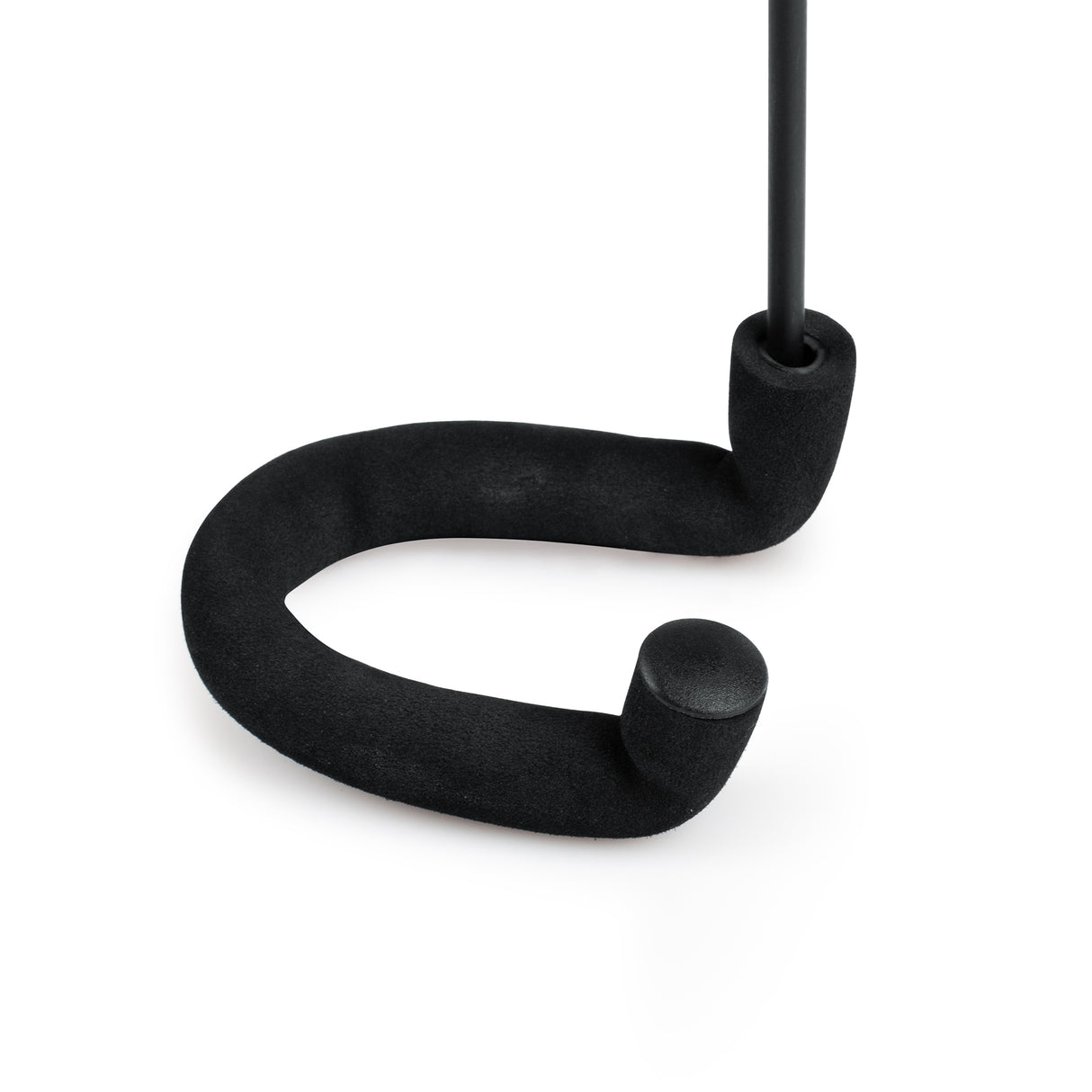 Close-up of Gator Frameworks GFW-GTRCLOSETHNGR guitar closet hanger yoke's black rubberized U-shaped cradle with foam padding for secure neck and headstock protection, attached to vertical steel post, white background
