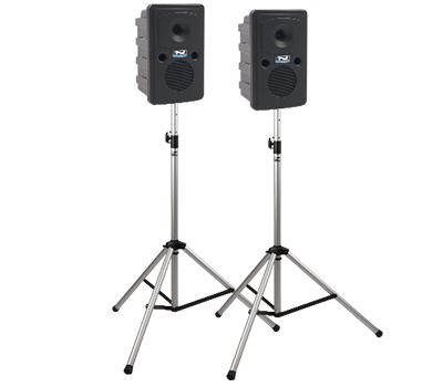Anchor Audio Go Getter COMP1 PA System with Wireless Mic and 2 Stands - Go Getter 2 speaker pair mounted on two tripod stands
