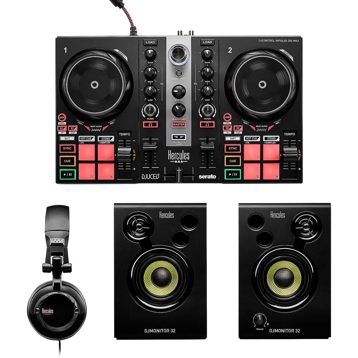 Hercules DJLearning Kit MK2 beginner DJ package with Inpulse 200 MK2 controller DJMonitor 32 speakers and HDP DJ45 headphones