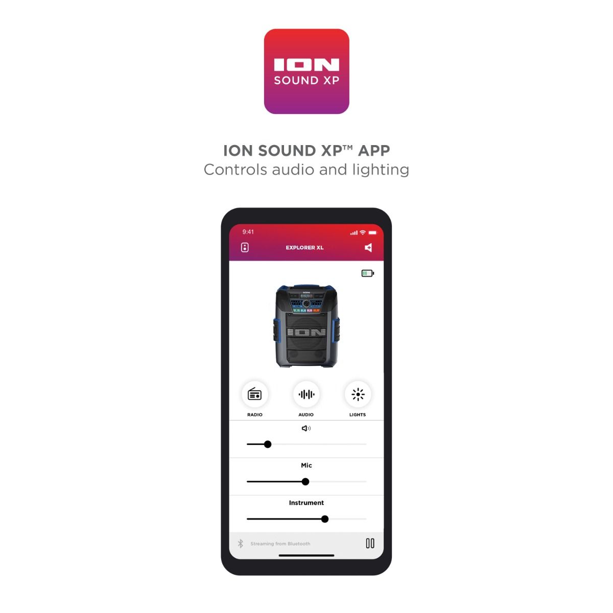 ION Sound XP app interface on a smartphone with app icon at the top for ION Audio Explorer XL All-Weather Proof w/Premium 5-Speaker