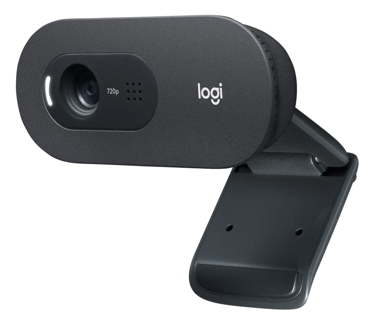 Logitech C505e HD business webcam front view showing lens, status LED, and integrated omnidirectional microphone grille in black plastic housing