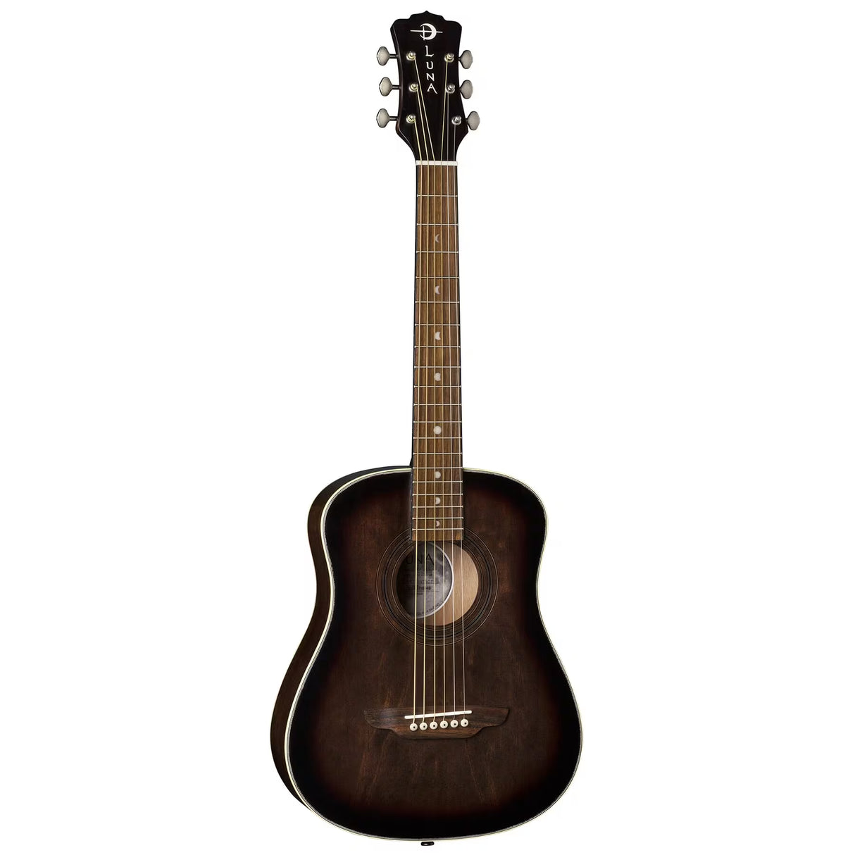 Luna Guitars Safari Art Vintage 6-string travel acoustic guitar with gig bag spruce top mahogany body distressed Brownburst finish