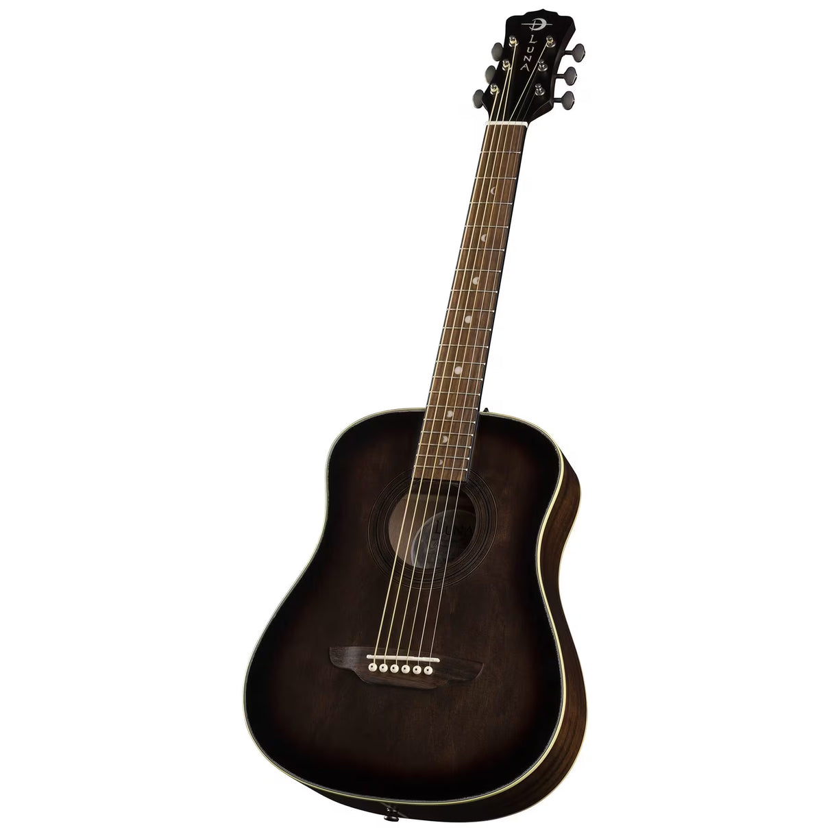 Luna Guitars Safari Art Vintage 6-string travel acoustic guitar with gig bag spruce top mahogany body distressed Brownburst finish
