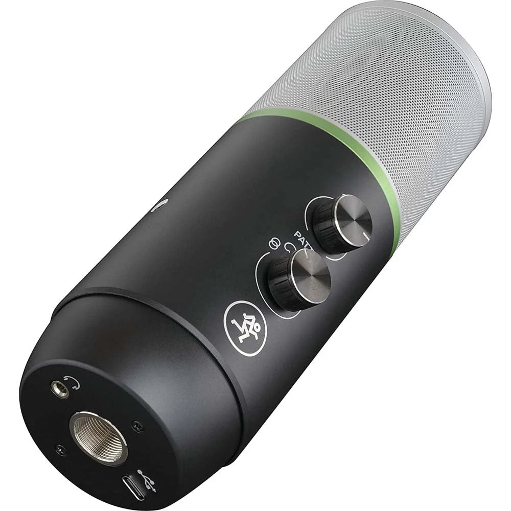 Mackie Carbon USB multi-pattern condenser microphone with five polar patterns, Onyx preamp circuitry, gain and mute controls, headphone output, mic stand, and USB-C cable