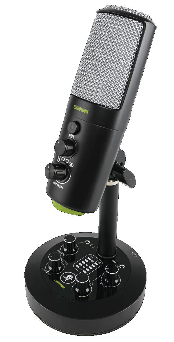 Mackie Chromium USB multi-pattern condenser microphone with four polar patterns, built-in 2-channel mixer, Onyx preamp circuitry, USB-C, and headphone monitoring