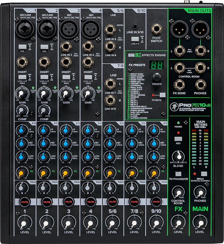Mackie ProFX10v3 10-channel effects mixer with USB, 4 Onyx mic preamps, 24 built-in FX, 2 compressors, and 24-bit/192kHz recording