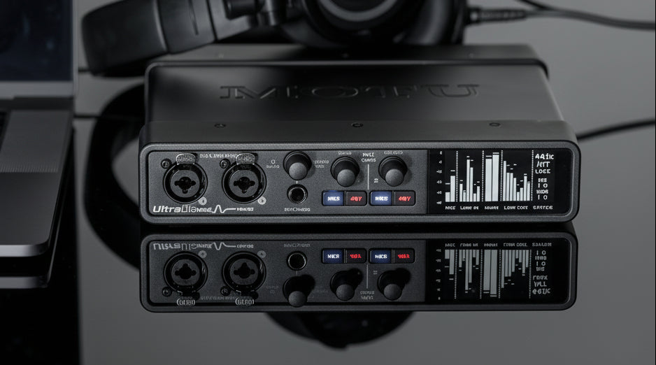 MOTU UltraLite mk5 black half-rack USB audio interface angled on glossy black surface next to a labtop, showing front XLR/TRS combo inputs with gain knobs, meters, headphone output, and illuminated buttons, with reflection below.