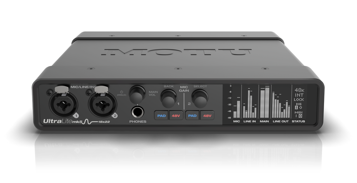Top angled view of MOTU UltraLite mk5 18x22 USB audio interface in a half-rack black metal chassis with front-panel XLR/TRS combo mic inputs, gain knobs, OLED display, headphone jack, and rear ports including line ins/outs, optical ADAT, S/PDIF RCA, MIDI, and USB-C