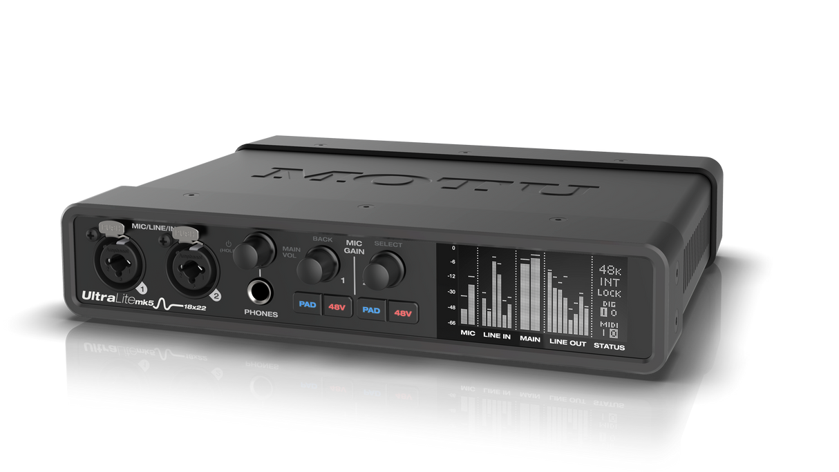 Right angled view of MOTU UltraLite mk5 18x22 USB audio interface in a half-rack black metal chassis with front-panel XLR/TRS combo mic inputs, gain knobs, OLED display, headphone jack, and rear ports including line ins/outs, optical ADAT, S/PDIF RCA, MIDI, and USB-C