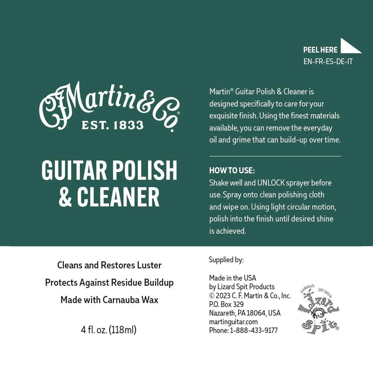 Label image of Martin 18A0134 Guitar Cleaner Polish 4 oz spray bottle with carnauba wax formula for guitar finish care