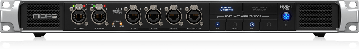 Midas HUB4 PRO 96kHz Monitor System Hub, 4 PoE Ports, AES50 In/Through, 16 Analogue Outputs