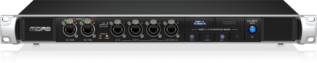 Midas HUB4 PRO 96kHz Monitor System Hub, 4 PoE Ports, AES50 In/Through, 16 Analogue Outputs