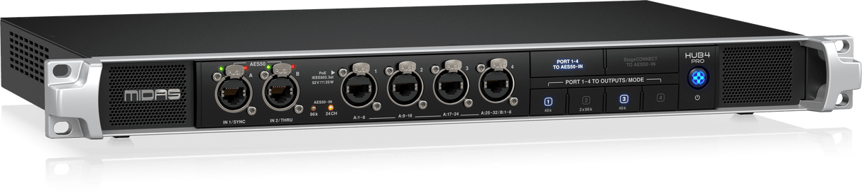 Midas HUB4 PRO 96kHz Monitor System Hub, 4 PoE Ports, AES50 In/Through, 16 Analogue Outputs