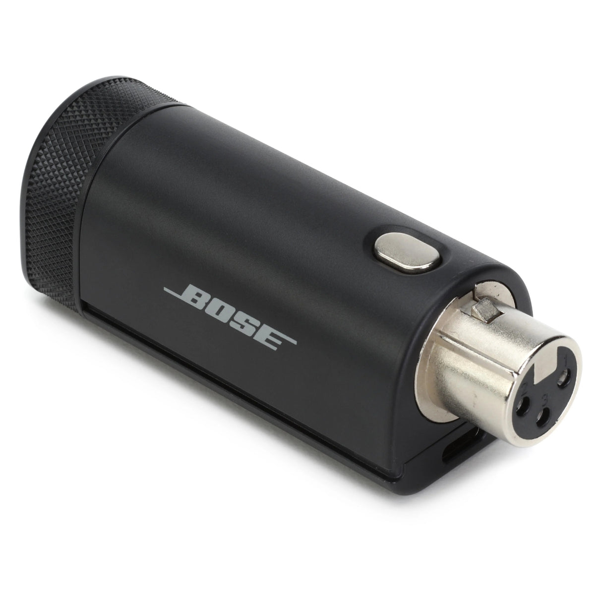 Bose S1 Pro+ Wireless Mic/Line Transmitter – XLR, black plug‑on RF transmitter with female XLR connector, side power/mute button, and textured end cap for use with Bose S1 Pro+ portable PA system.