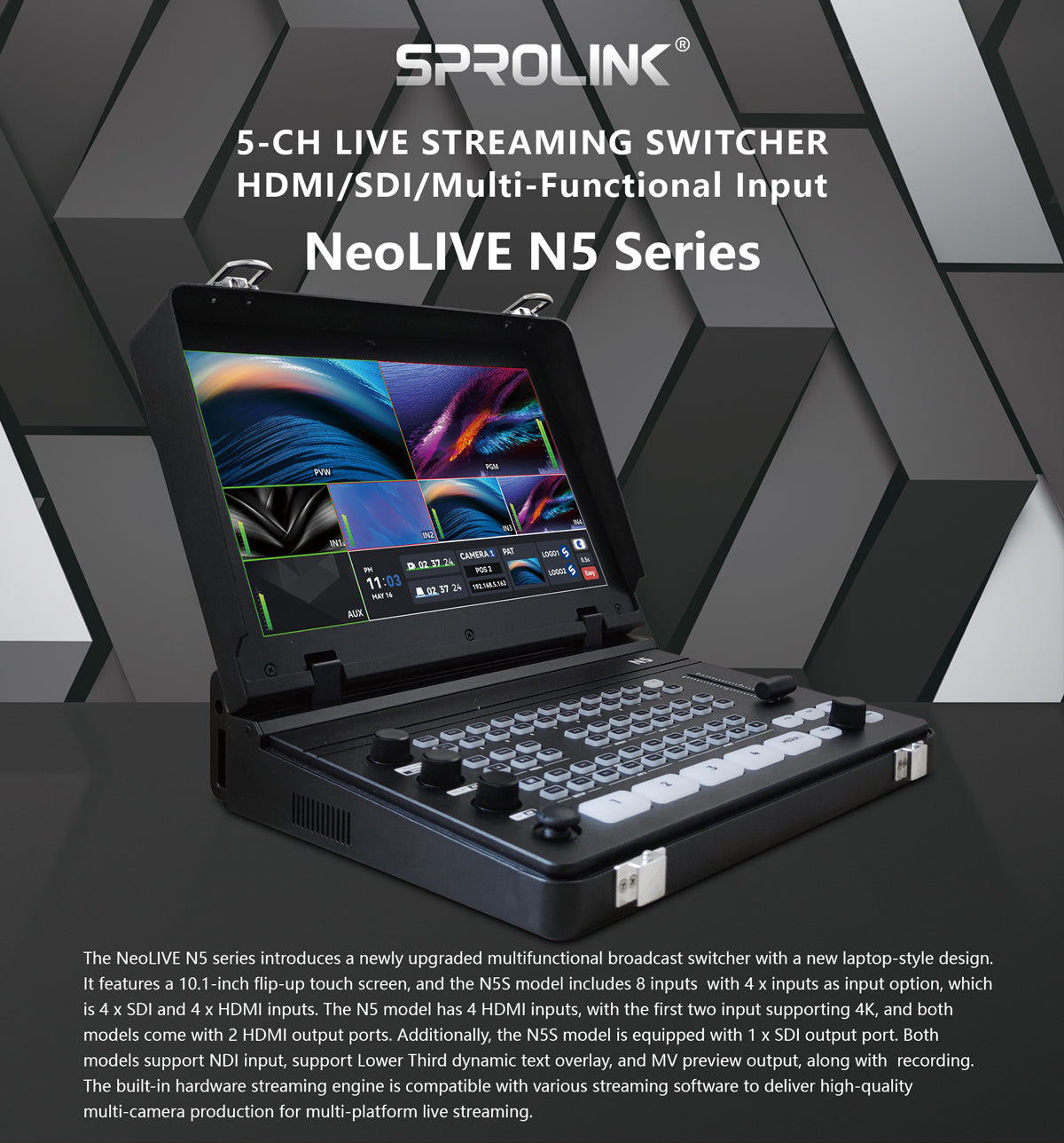 Sprolink NeoLIVE N5S laptop-style video switcher rear panel showing SDI and HDMI ports on white background