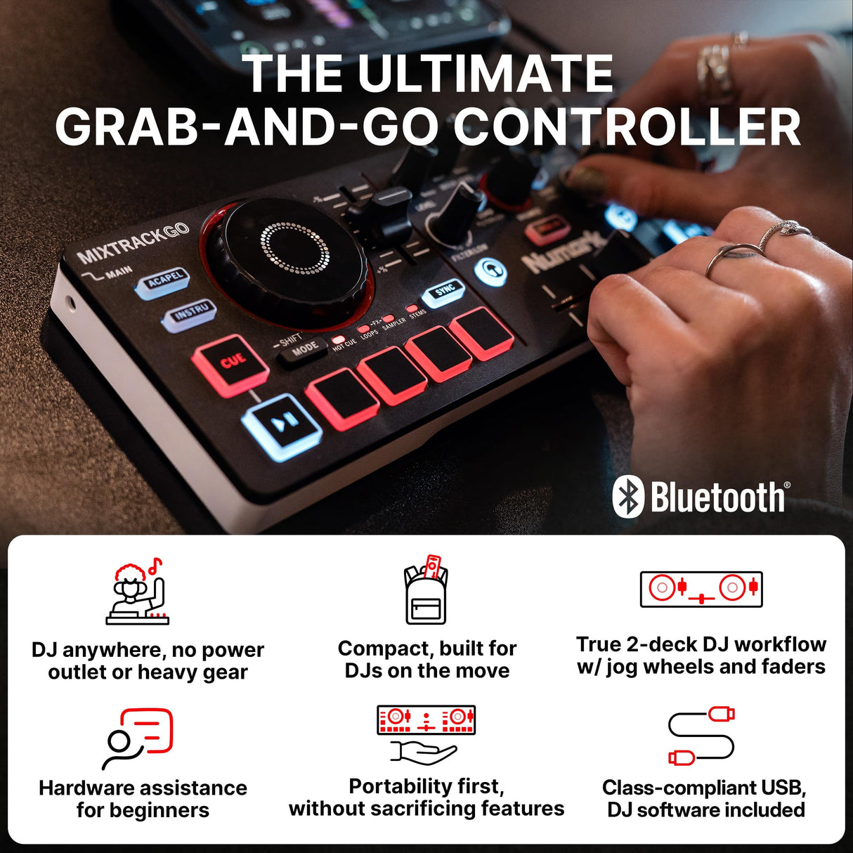 Numark MixTrack Go Compact Bluetooth DJ Controller with Stems Control