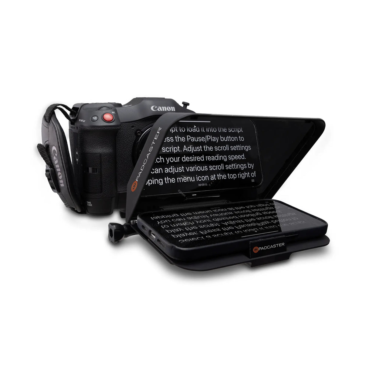 DSLR view of Padcaster Parrot Pro teleprompter kit for video production and broadcasting