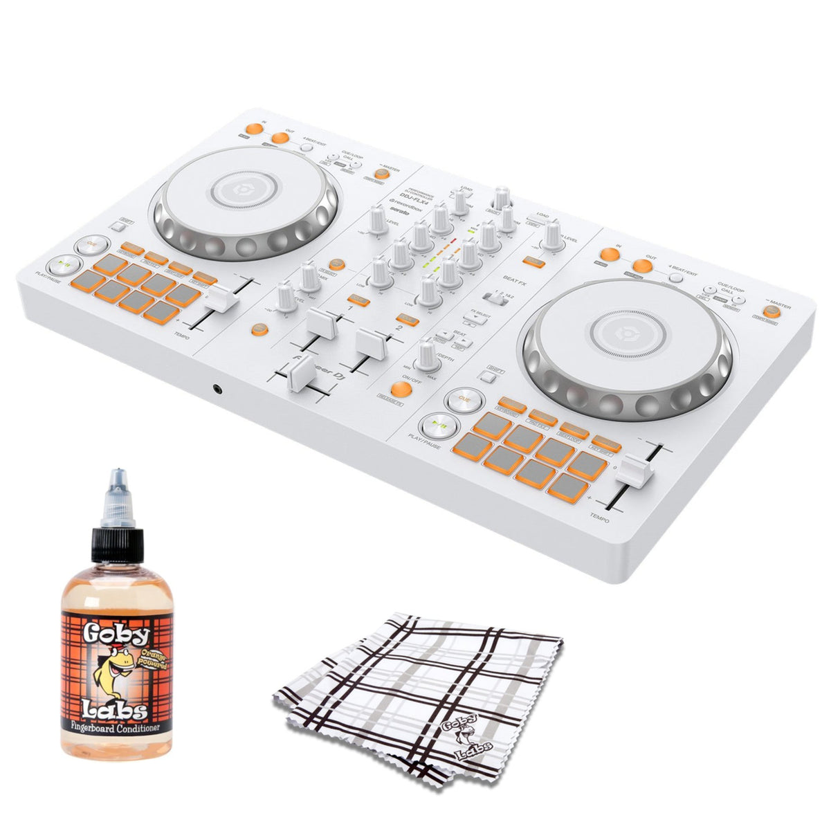 Pioneer DDJ-FLX4-W DJ Controller Bundle with Goby Labs Fingerboard Conditioner and Microfiber Cloth