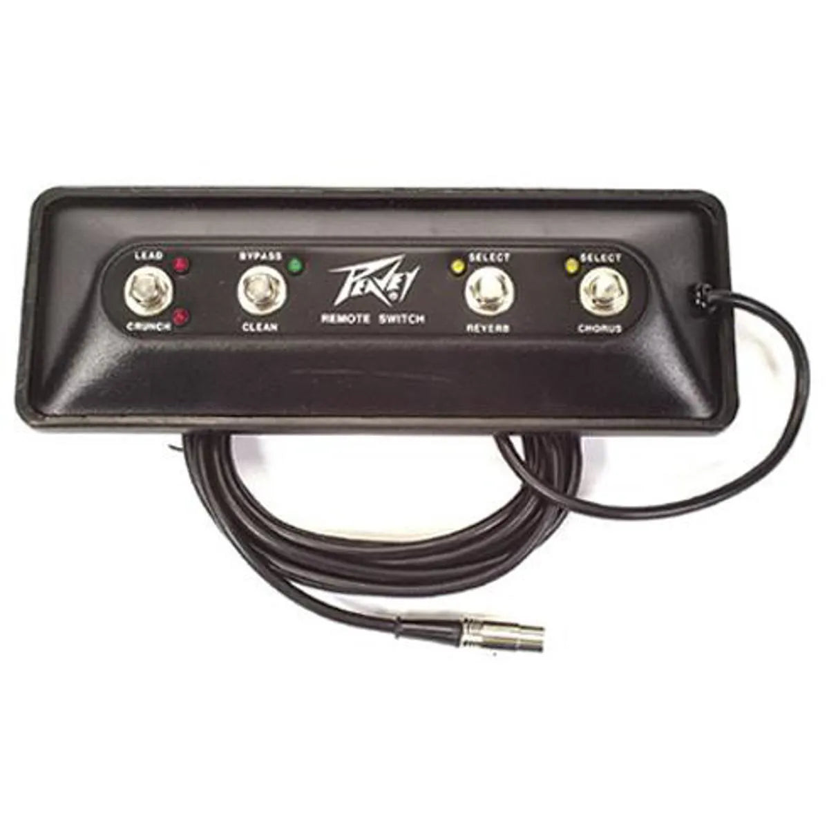 Peavey Stereo Chorus 212 footswitch (model 03078470) black compact controller with LED indicator, Lead/Crunch, Bypass/Clean, Reverb, and Chorus buttons, 7-pin DIN plug, and 14-foot cable coiled on white background