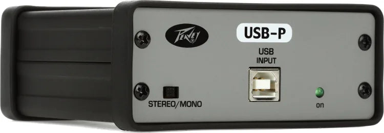 Front view of Peavey USB-P USB playback interface with USB Type B input port, green power LED on, stereo/mono switch, Peavey branding, and model label on gray/black metal enclosure