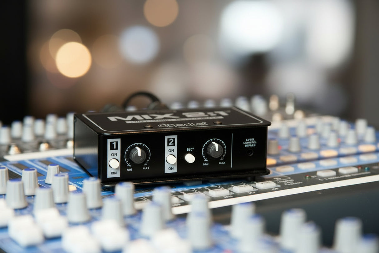 Angled top view of Radial MIX 2:1 passive mixer highlighting compact 5 x 3.25 x 1.85-inch design, bypass switches, and passive circuitry labels