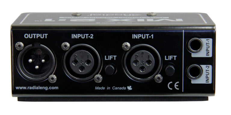Rear panel of Radial MIX 2:1 mixer displaying dual balanced 1/4-inch TRS and XLR inputs with trim knobs and phase reverse switch on 14-gauge steel enclosure