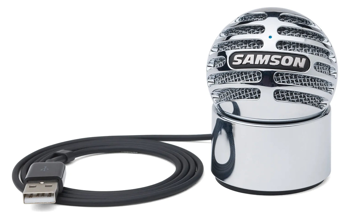 Samson Meteorite USB condenser microphone with 14mm diaphragm, cardioid pickup, 16-bit 44.1/48kHz audio, integrated USB cable, and removable magnetic base