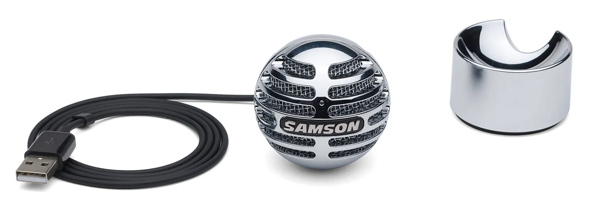 Samson Meteorite USB condenser microphone with 14mm diaphragm, cardioid pickup, 16-bit 44.1/48kHz audio, integrated USB cable, and removable magnetic base