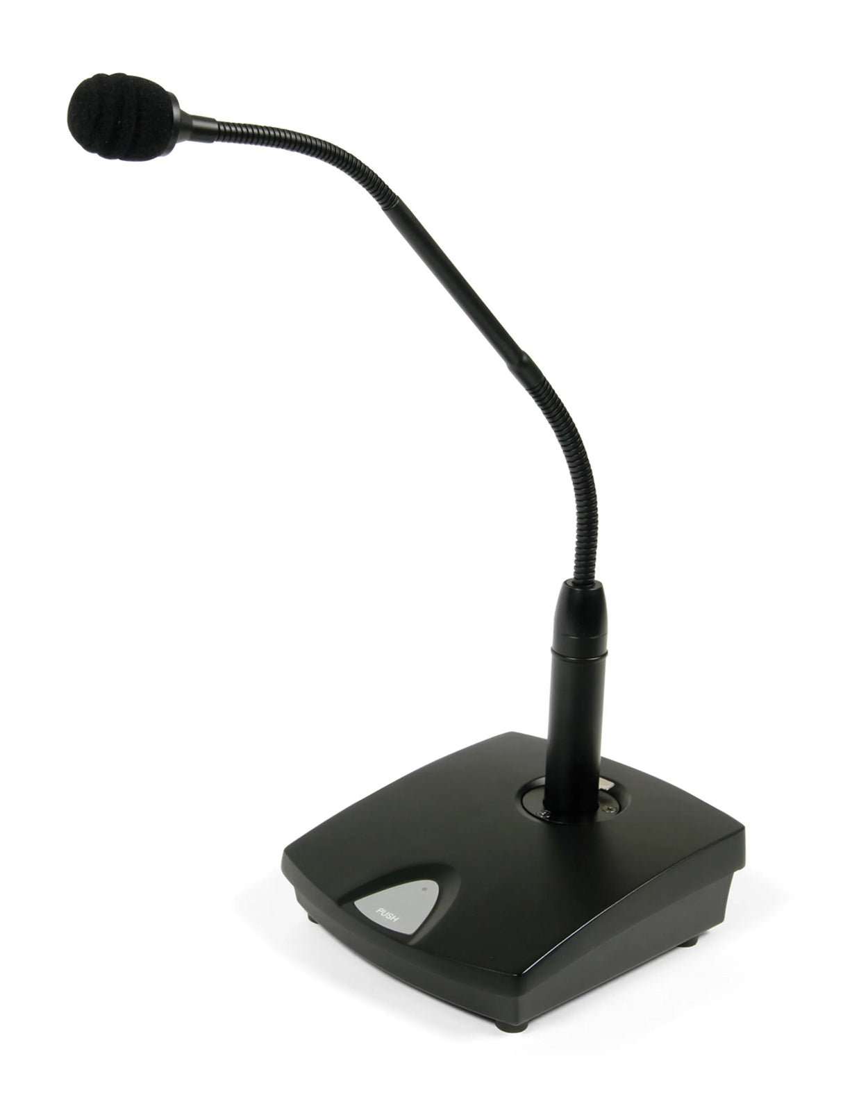 Samson CMB1 free-standing powered gooseneck microphone base with female XLR connector, push-to-talk or push-to-mute switch, DIP settings, LED indicator, 10m XLR cable, and 48V phantom power
