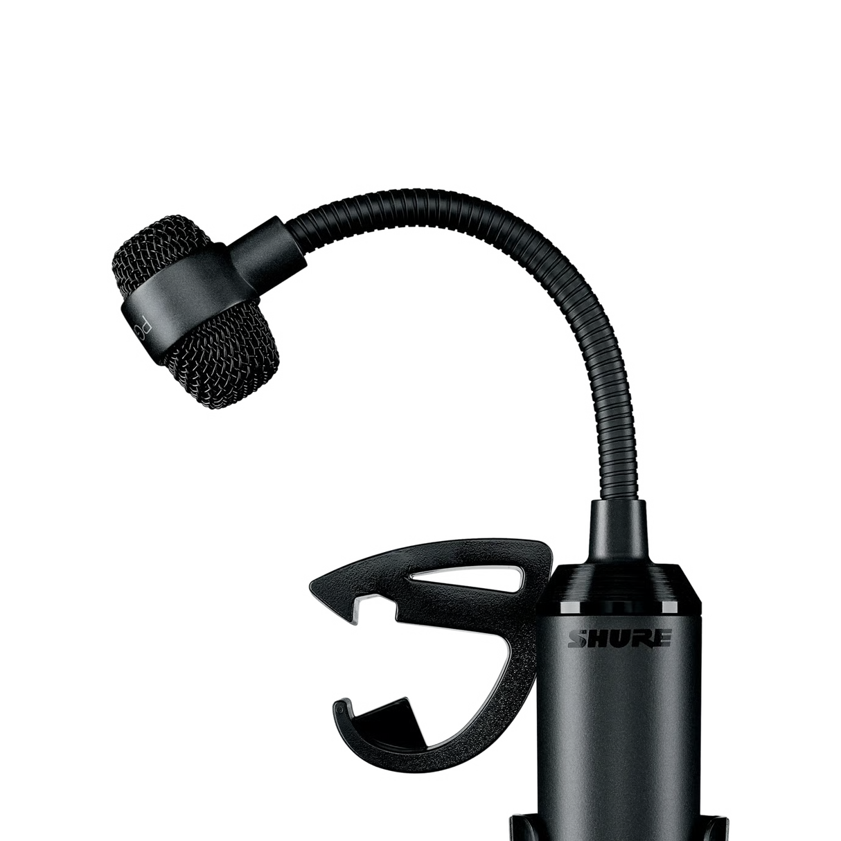 Shure PGA98D-LC gooseneck cardioid condenser drum microphone with integrated preamp, drum mount, zipper pouch, and no included cable