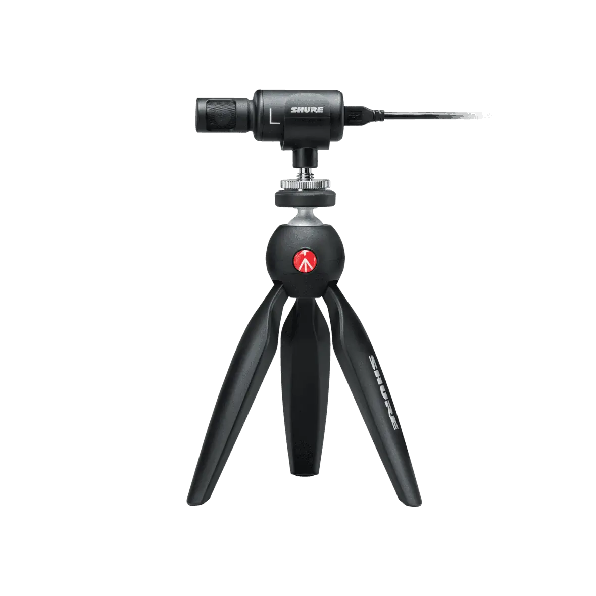 Shure MV88+ Video Kit digital stereo condenser microphone with Manfrotto PIXI tripod phone mount iOS and USB-C cables