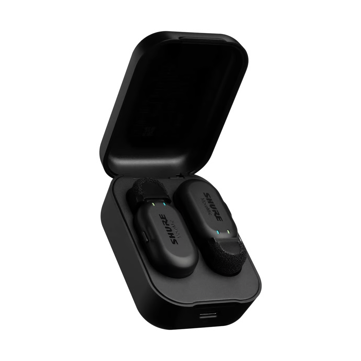 Shure MoveMic Two 2-Channel Wireless Lavalier Microphone Z7 with two clip-on mics charging case USB-C cable IPX4 rating and phone recording