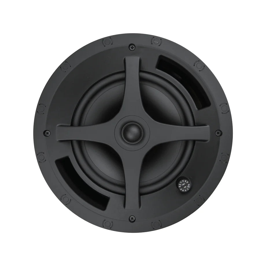 Sonance PS-C83RT in-ceiling speaker with grille removed, showing 8-inch woofer and pivoting tweeter inside round ceiling-mount frame
