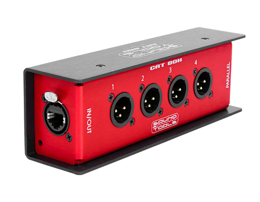 SoundTools CAT Box 4 male XLR to etherCON stage box with parallel connectivity, four balanced audio channels over shielded Cat5, analog, DMX, AES3, intercom, and phantom power support