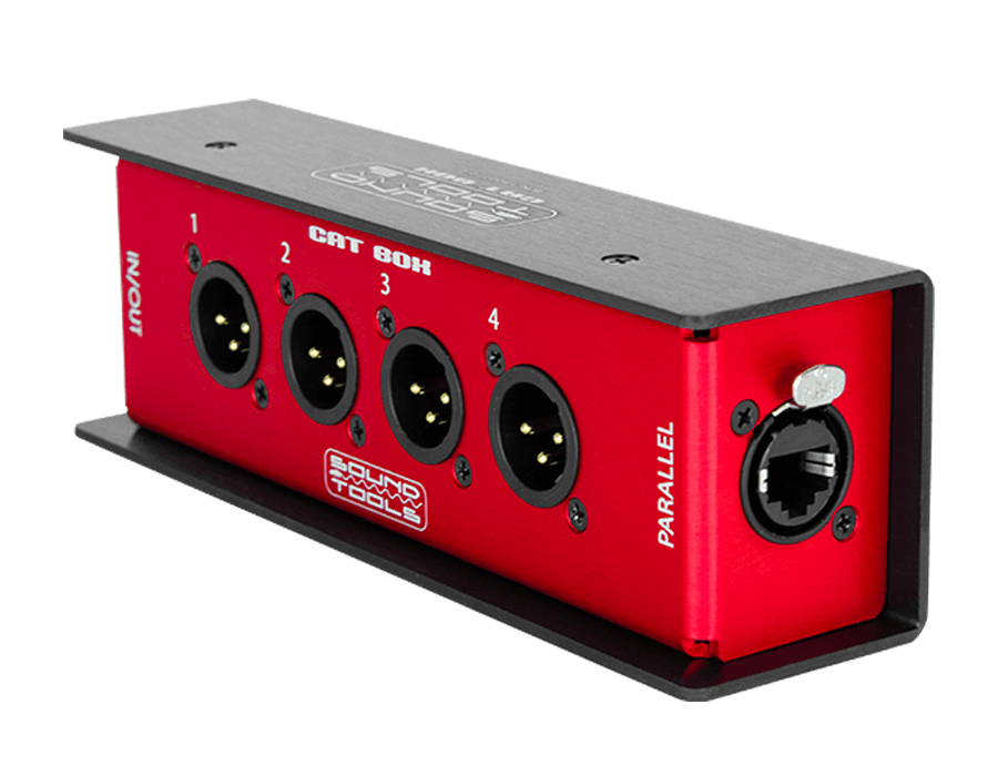 SoundTools CAT Box 4 male XLR to etherCON stage box with parallel connectivity, four balanced audio channels over shielded Cat5, analog, DMX, AES3, intercom, and phantom power support