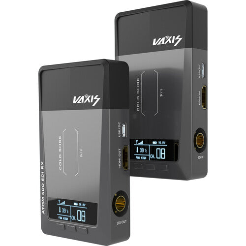 Vaxis Atom 500 SDI wireless video transmission system with SDI HDMI input output 500ft line of sight range USB-C power and OLED display