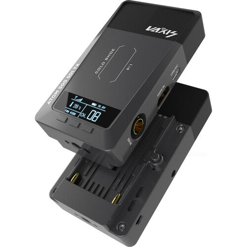 Vaxis Atom 500 SDI wireless video transmission system with SDI HDMI input output 500ft line of sight range USB-C power and OLED display
