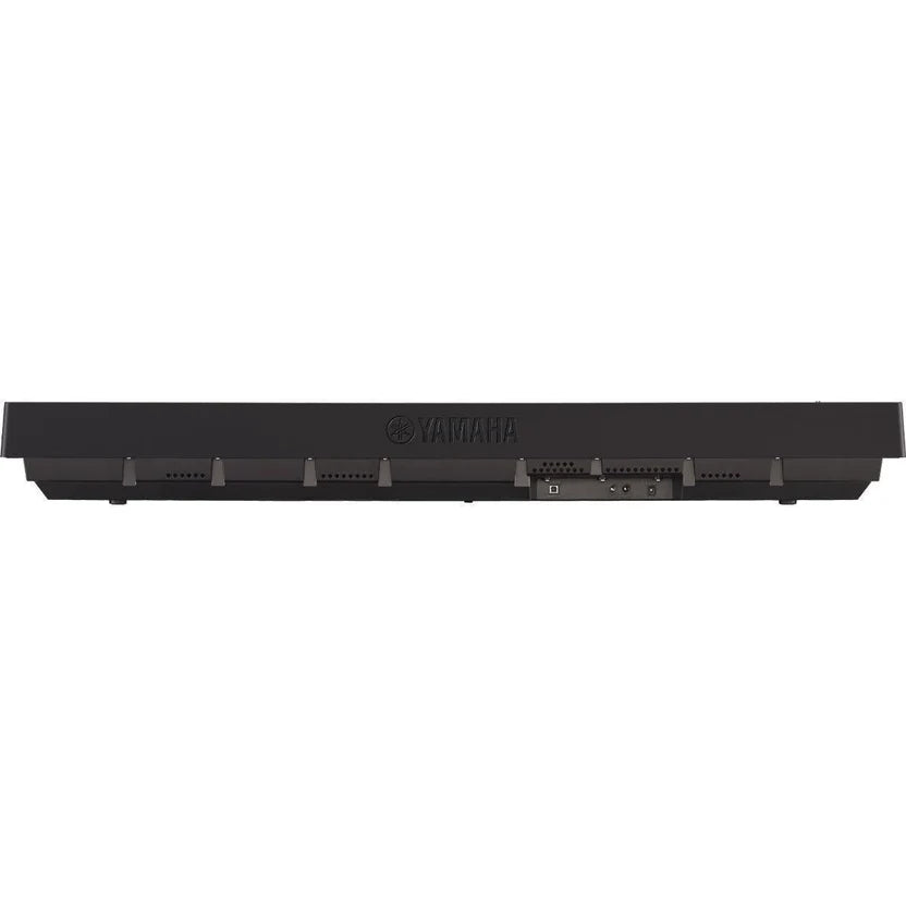 Rear view of the Yamaha P-45B digital piano in black, showing the slim back panel with the Yamaha logo, rear ventilation slots, and a recessed area housing power, sustain pedal, headphone, and USB-to-host connections