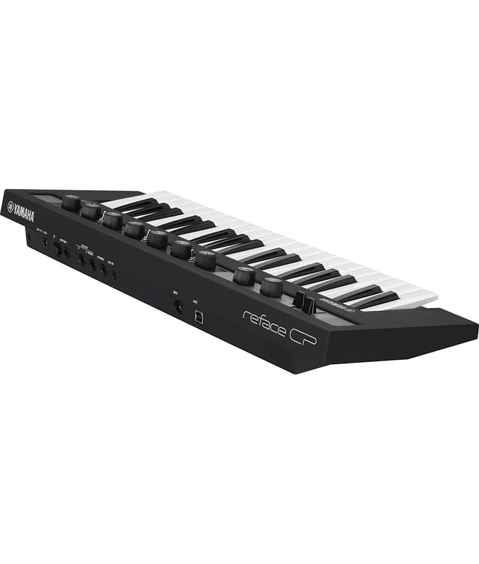 side view of Yamaha reface CP mini vintage keyboard with 37 keys and effects knobs