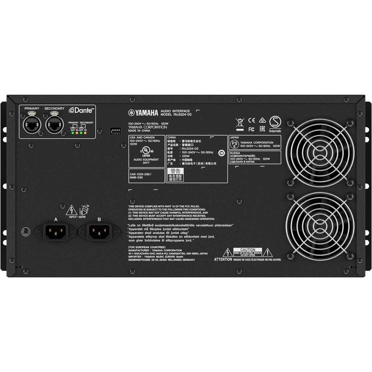 Yamaha Rio3224-D2 32 Analog Inputs / 16 Outputs / 8 Digital Outputs I/O Rack with 32 analog inputs 16 outputs 8 AES/EBU outputs redundant connections and dual power supplies