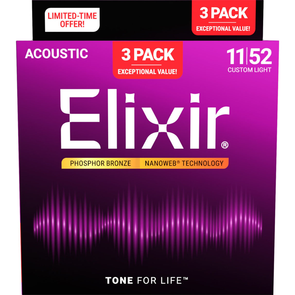 Elixir 16568 Phosphor Bronze NANOWEB Acoustic Guitar Strings 3-Pack - Custom Light (11-52)