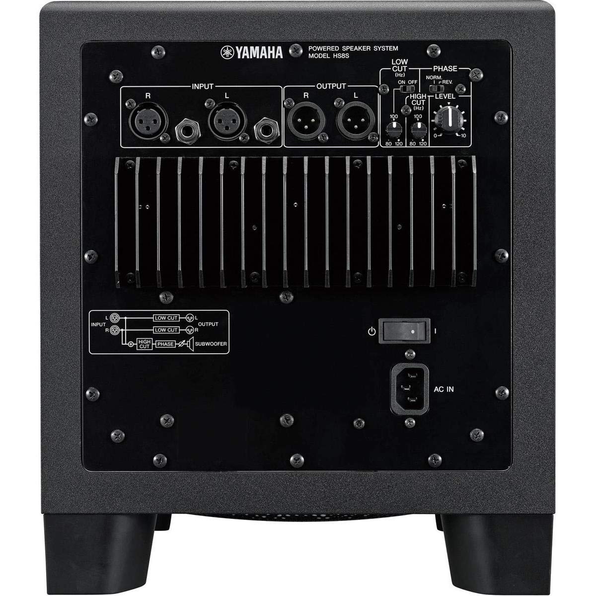 Yamaha HS8S 150W Active Studio Subwoofer with 8āā Speaker XLR Inputs Outputs Balanced TRS Inputs Low Cut Phase Level