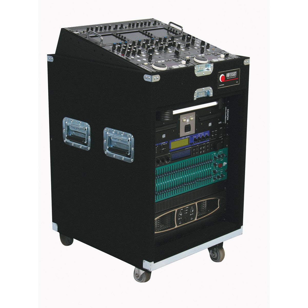 Odyssey 11 Space Slanted 12 Space Vertical Carpeted Combo Rack Case with Wheels