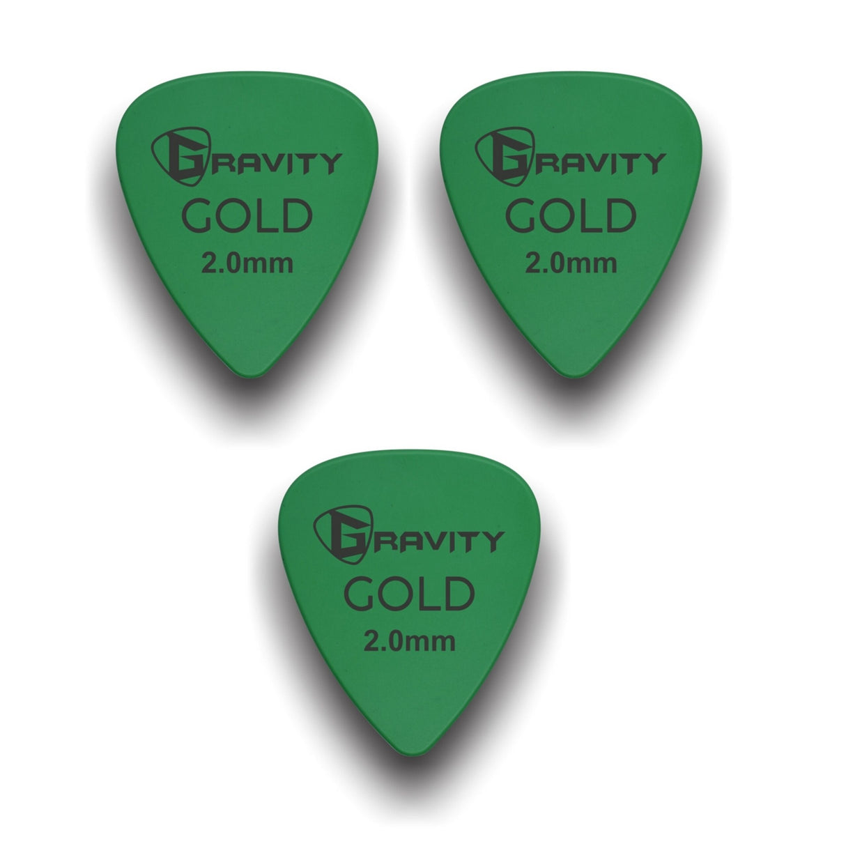 Gravity Picks GP20GR-3pk Colored Gold Series Picks Traditional 351 2.0mm Green 3-Pack - accessories