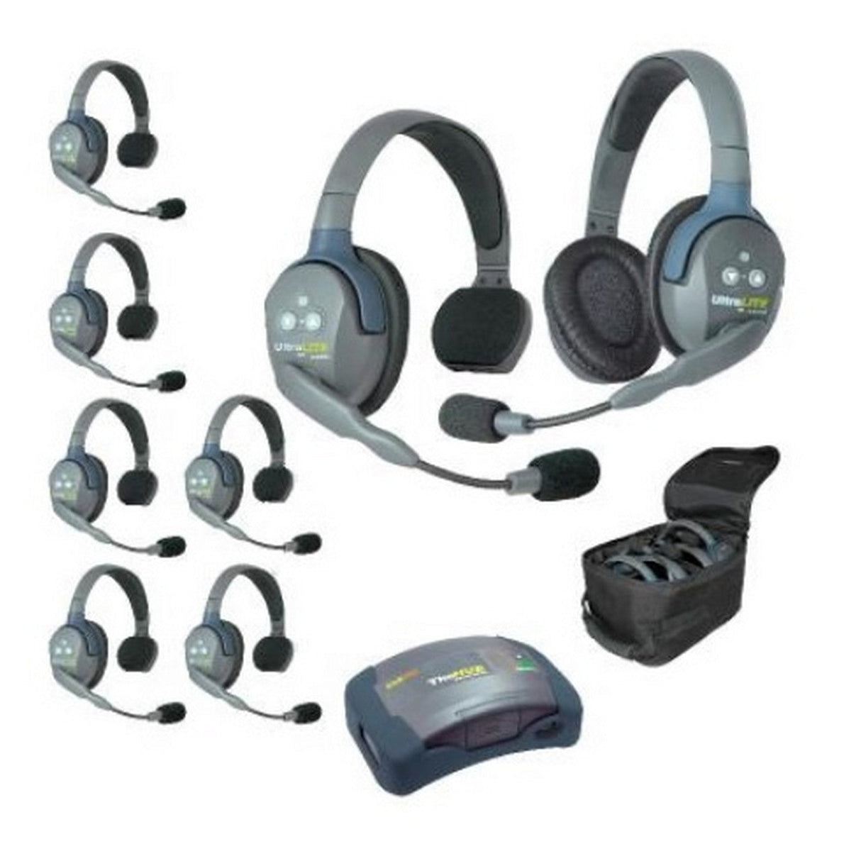 Eartec HUB871 8-Person Full Duplex Wireless Intercom with 7 Single and 1 Double Ear Headsets