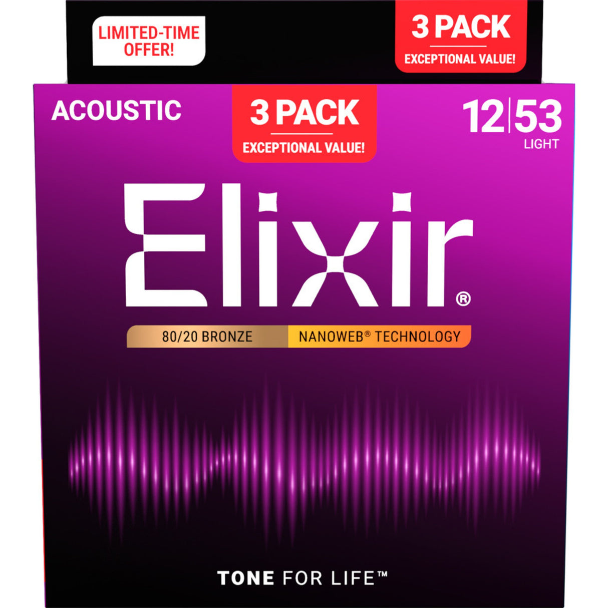 Elixir 16565 80/20 Bronze NANOWEB Acoustic Guitar Strings 3-Pack - Light (12-53)