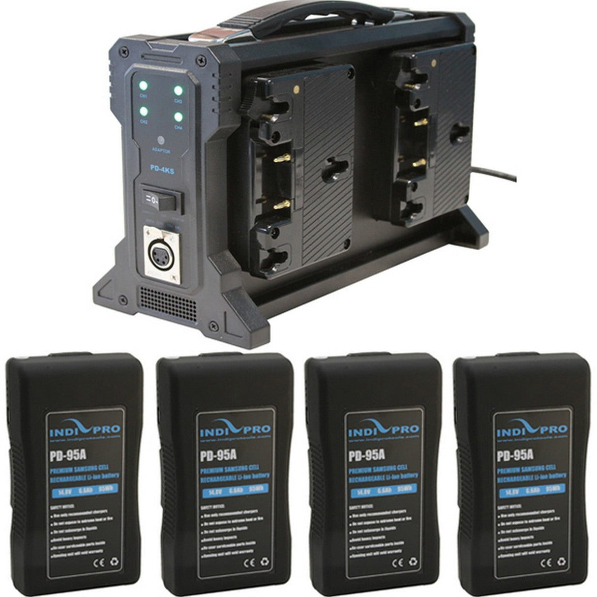 IndiPRO PD95AKT8 Four Compact 95Wh Gold-Mount Li-Ion Batteries and Quad Pro Battery Charger Kit