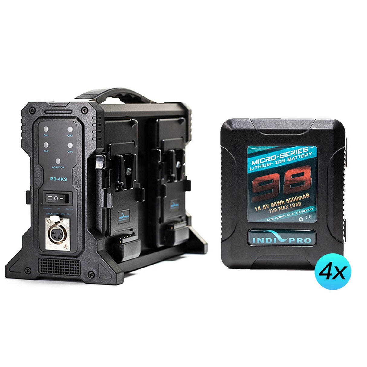 IndiPRO VMPKT4 Four Micro-Series 98Wh V-Mount Li-Ion Batteries and Quad Pro V-Mount Battery Charger Kit