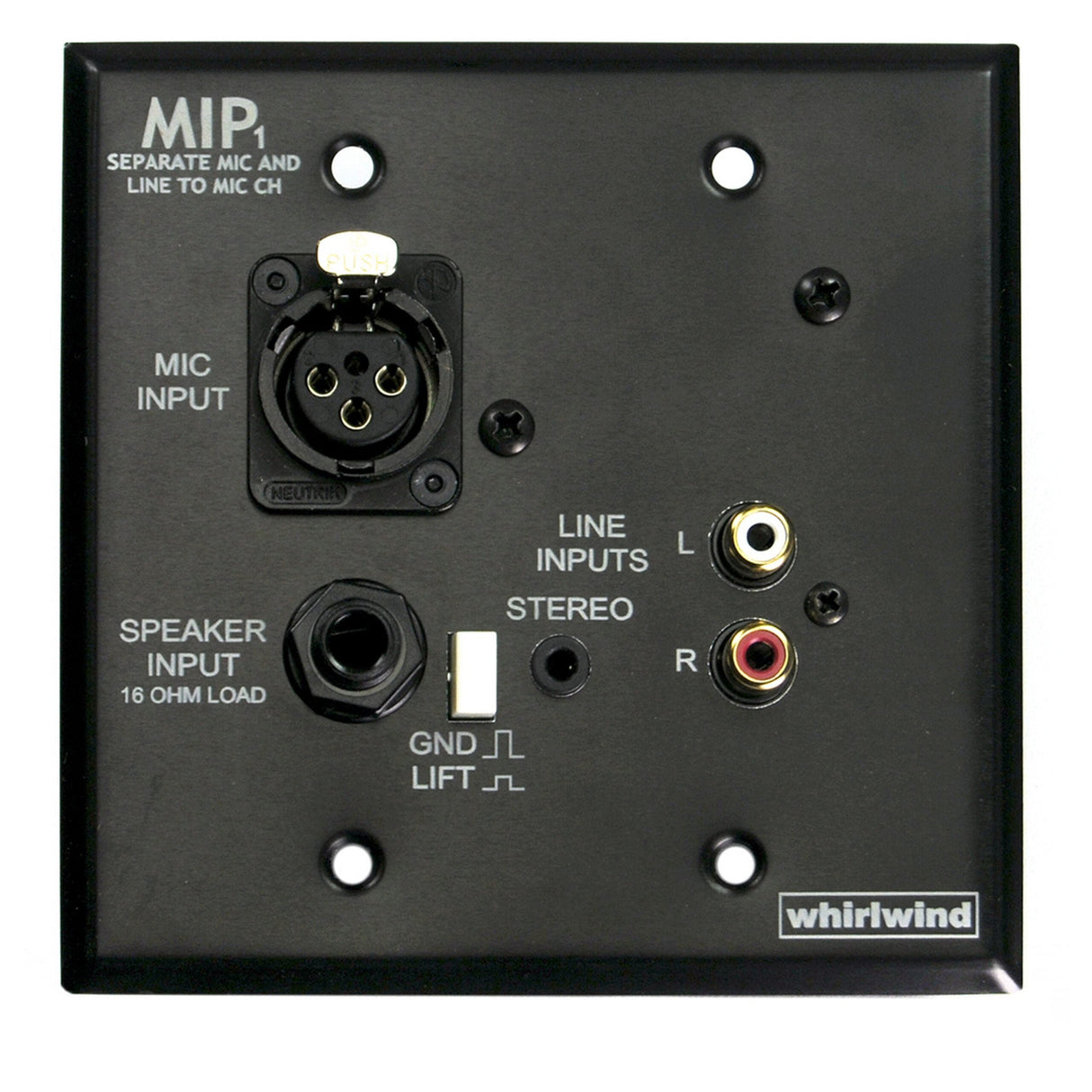Whirlwind MIP1B 2-Gang Wall Input Plate with XLRF 3.5mm TRS Dual RCA 1/4-Inch Speaker Inputs Black