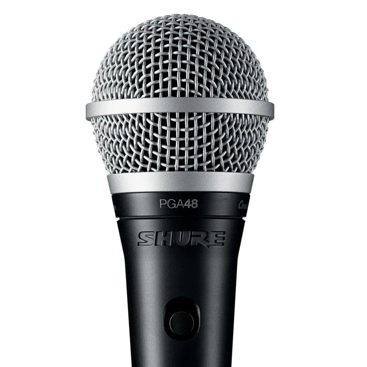 Detailed close-up of the Shure PGA48 dynamic microphone head with silver ball grille and black body, highlighting textured finish and cardioid pickup design